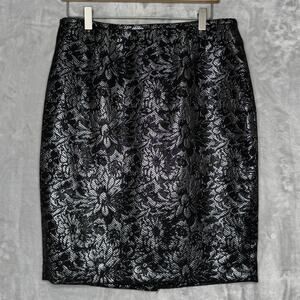 Calvin Klein Skirt Womens 8 Black Metallic Floral Jacquard Pencil Lined Party